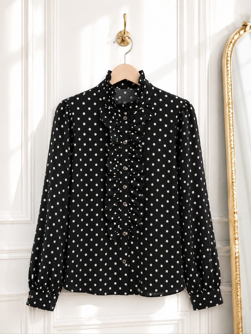 Black & White Polka Dot Ruffle Blouse | Long Sleeve Button Front | XXL - Picture 5 of 8